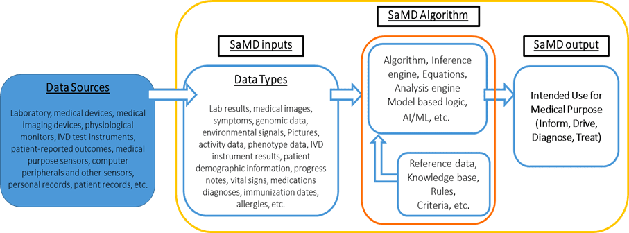 Description of software as a medical device (SaMD) which includes possible data sources from which inputs are derived and that may be used for one or more medical purposes.