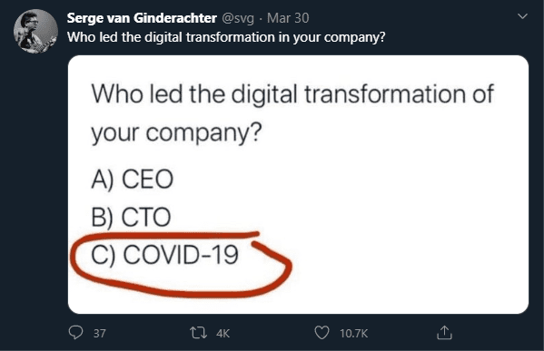 Who led the digital transformation of your company? Ans: COVID-19