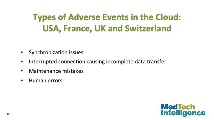 Types of Adverse Events in the Cloud: USA, France, UK and Switzerland

Synchronization issues
Interrupted connection causing incomplete data transfer
Maintenance mistakes
Human errors
