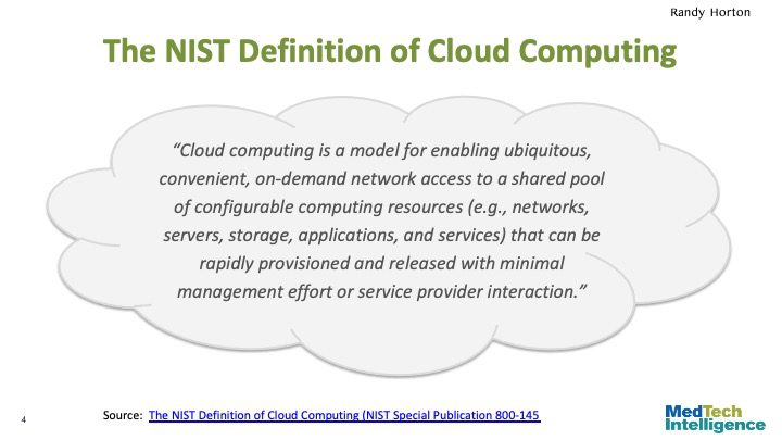 “Cloud computing is a model for enabling ubiquitous, convenient, on-demand network access to a shared pool of configurable computing resources (e.g., networks, servers, storage, applications, and services) that can be rapidly provisioned and released with minimal management effort or service provider interaction.”
