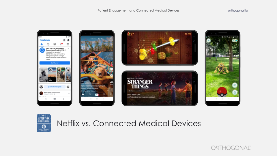 Netflix versus Connected Medical Devices Various smartphones with different content on each one of them such as Netflix main screen, the Fruit Ninja mobile game, Facebook homepage and a Pokemon Go screenshot.