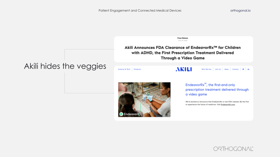 A screenshot of Akili webpage, developers of an FDA cleared video game for children with ADHD as the first prescription treatment delivered through a video game.