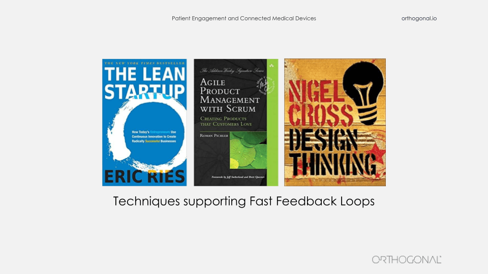 3 book covers for Techniques supporting Fast Feedback Loops. The Lean Startup, written by Eric Ríes. Agile Product Management with Scrum, written by Roman Pichler Design Thinking, written by Nigel Cross
