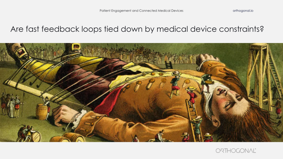 An illustration of Jonathan Swift’s book Gulliver’s Travels with Lemuel Guliver tied down to the ground with the next question: Are fast feedback loops tied down by medical device constraints?
