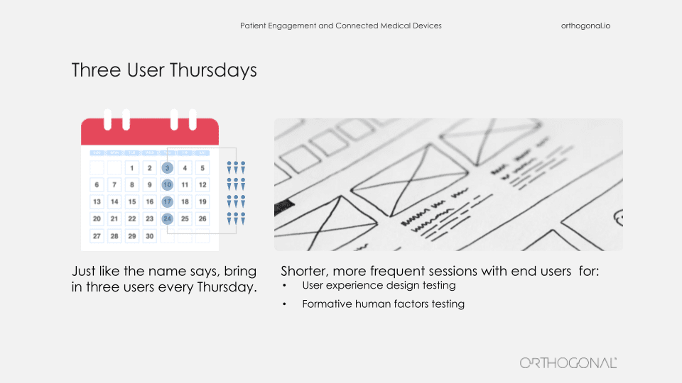 Three User Thursdays an image of a calendar marked every Thursday, a principle to bring three users every thursday to periodically test the user experience and the formative human factors.