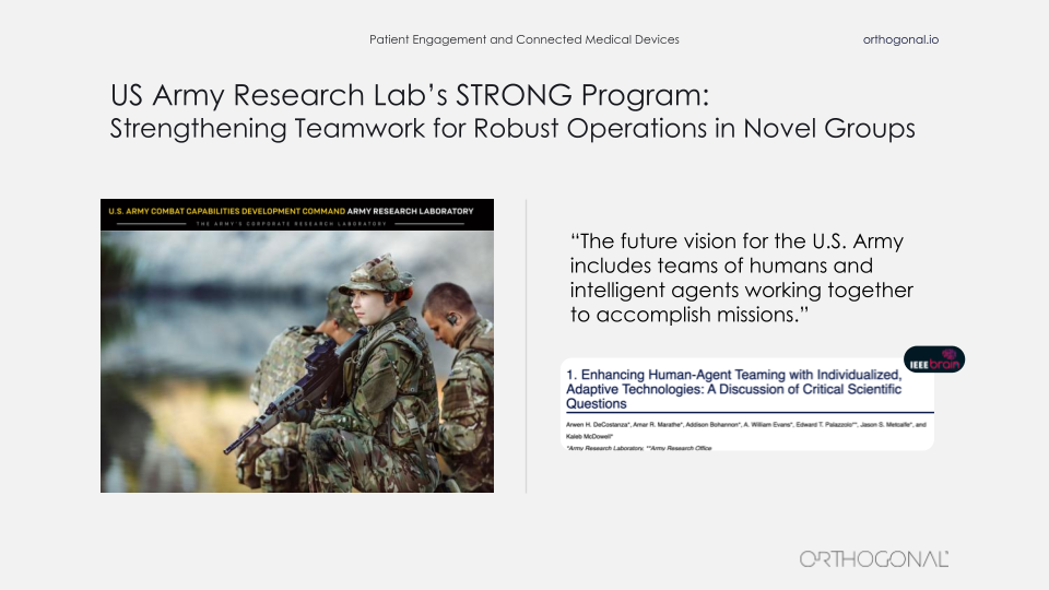 A picture of the US Army research. “The future vision for the U.S. Army includes teams of humans and intelligent agents working together to accomplish missions.”
