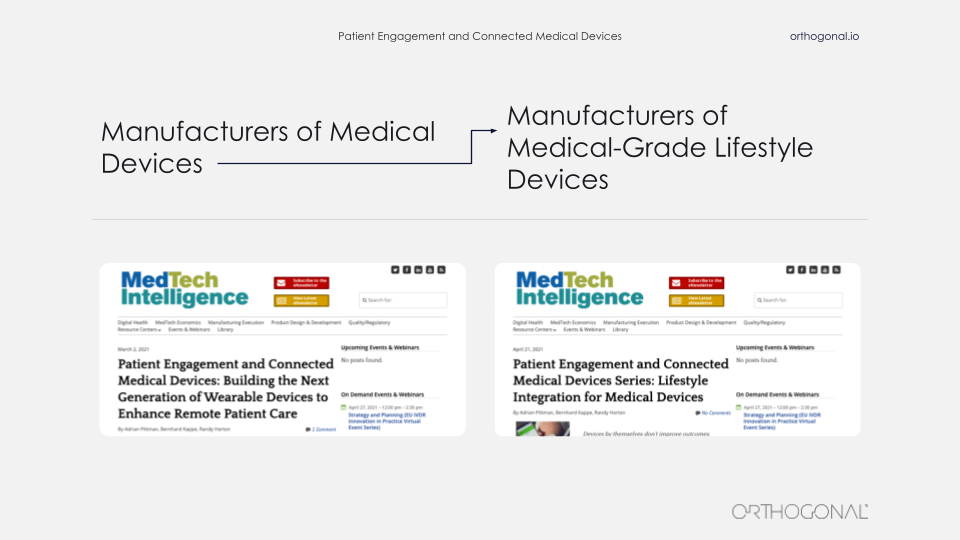 Pictures of two headlines in the MedTechIntelligence media outlet. Both of them concur that the new trend adopted by manufacturers of medical devices is to start turning those simple medical devices into medical-grade lifestyle devices.