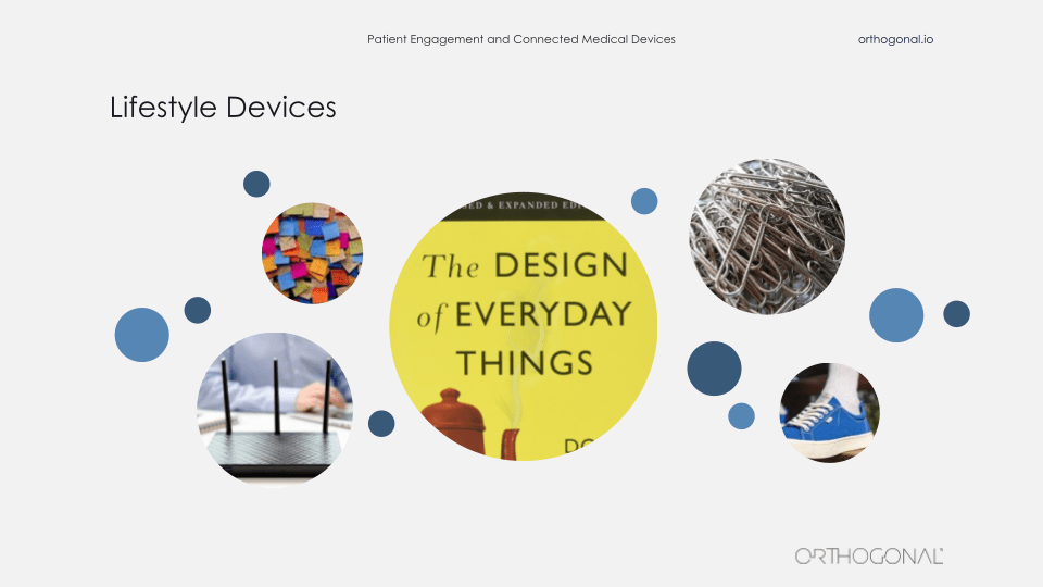 Lifestyle Devices: a picture of the book The Design of Everyday Things, next to pictures of some Post-it notes, paper clips, internet router and Vans shoes to give an example on how our lives are full of complex design objects that we normally don’t even notice.
