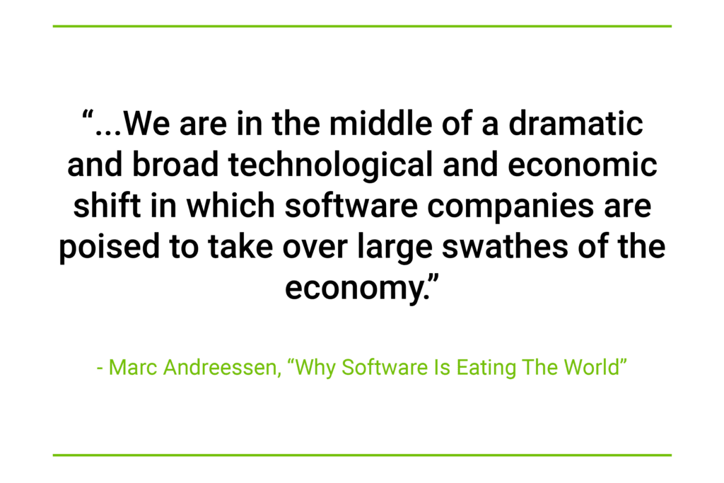 "We are in the middle of a dramatic and broad technological and economic shift in which software companies are poised to take over large swathes of the economy" a quote by Marc Andreessen in Why Software Is Eating The World